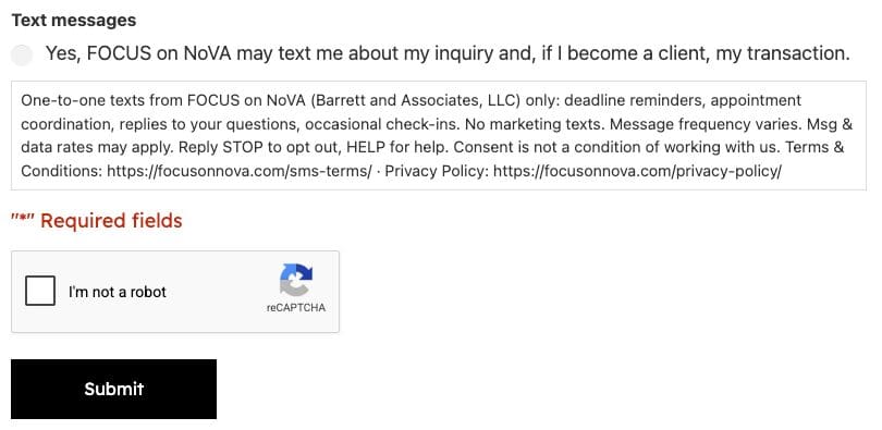 Close-up of the Text messages consent box and the wording under it