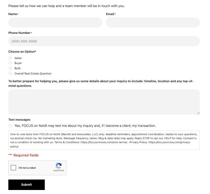 The contact form on focusonnova.com: name, email and phone number fields, then the optional Text messages consent box, unchecked, above the Submit button